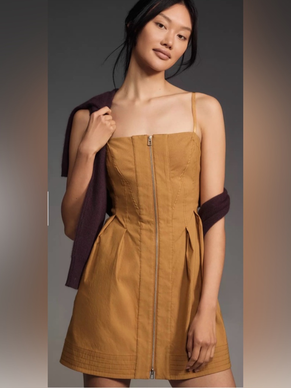 Maeve Anthropologie Structured Zip-Front Mini Dress Camel Tan Small